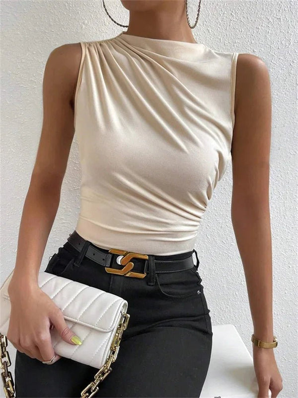 Women’s Ruched Mock Neck Sleeveless Top – Elegant & Casual Fit.